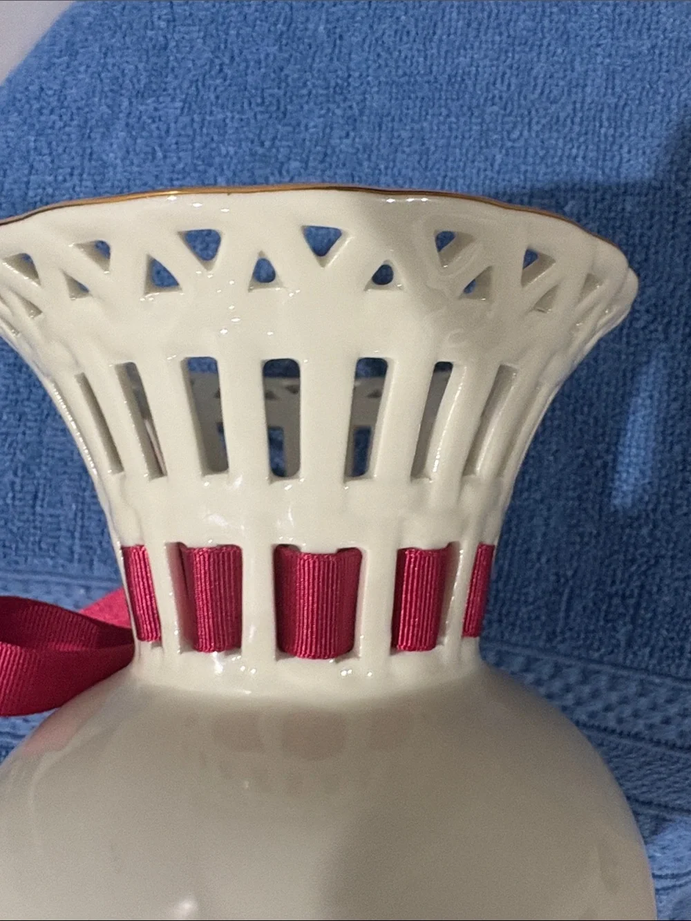 Cream Porcelain Floral Bud Vase with Pink Ribbon Accent